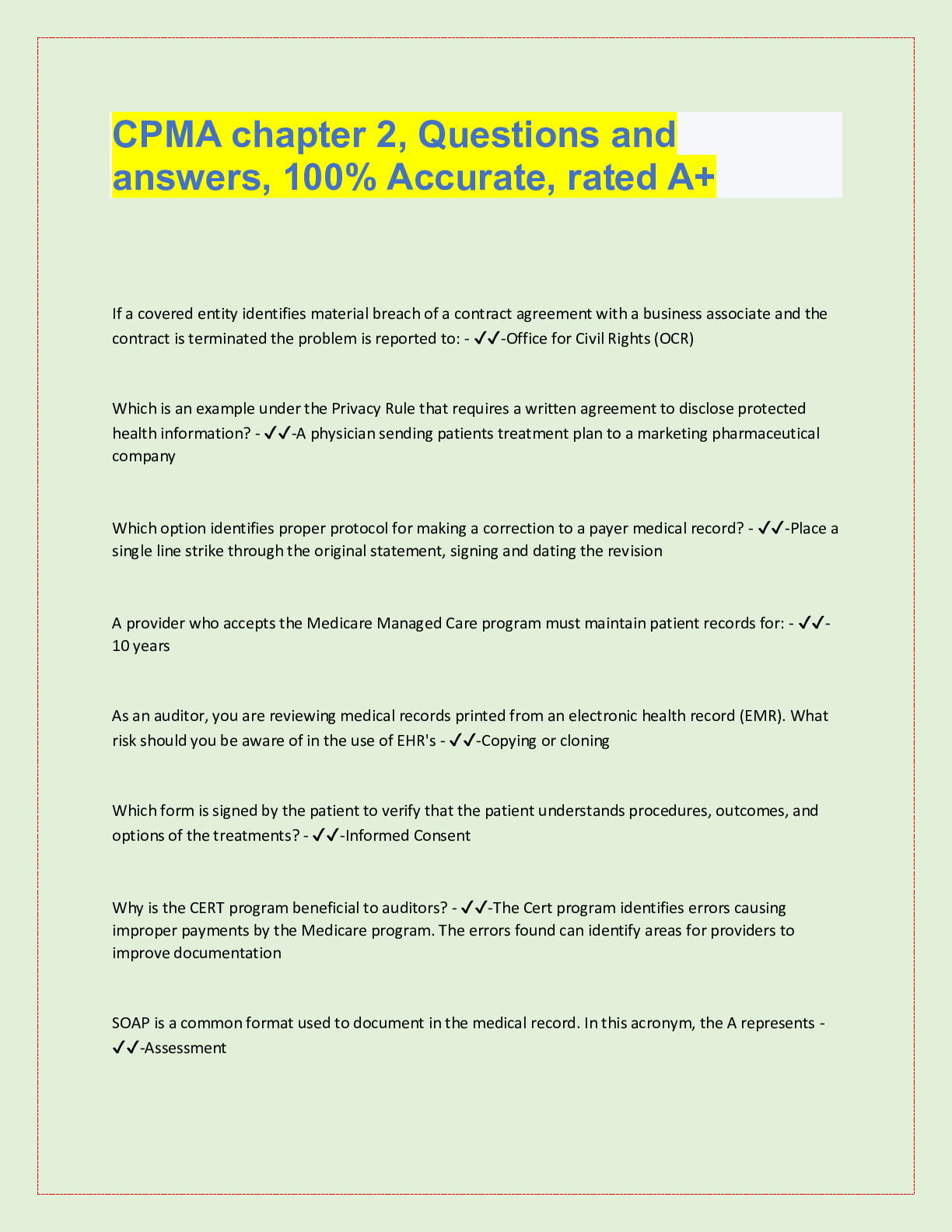 Preview image for CPMA chapter 2, Questions and  answers, 100% Accurate, rated A+